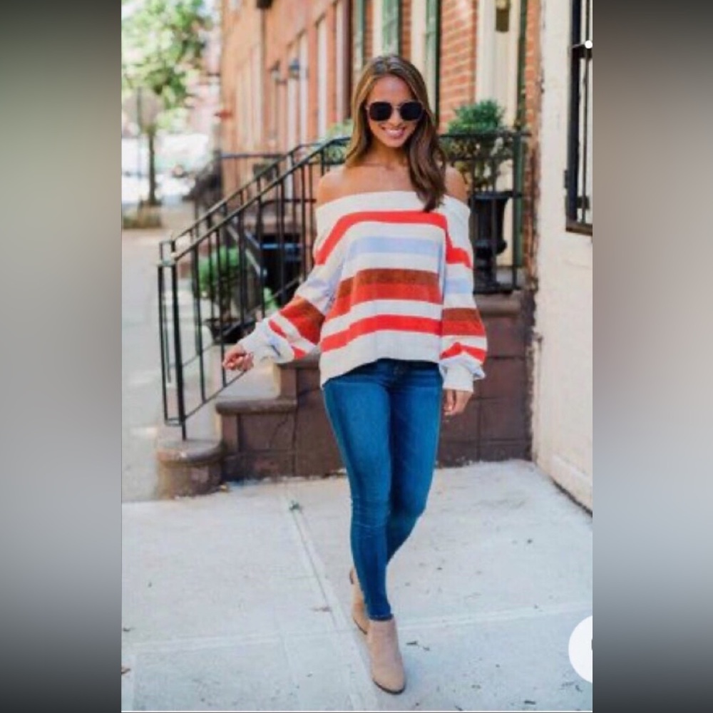 Pink Lily off the shoulder striped sweater-Size Small